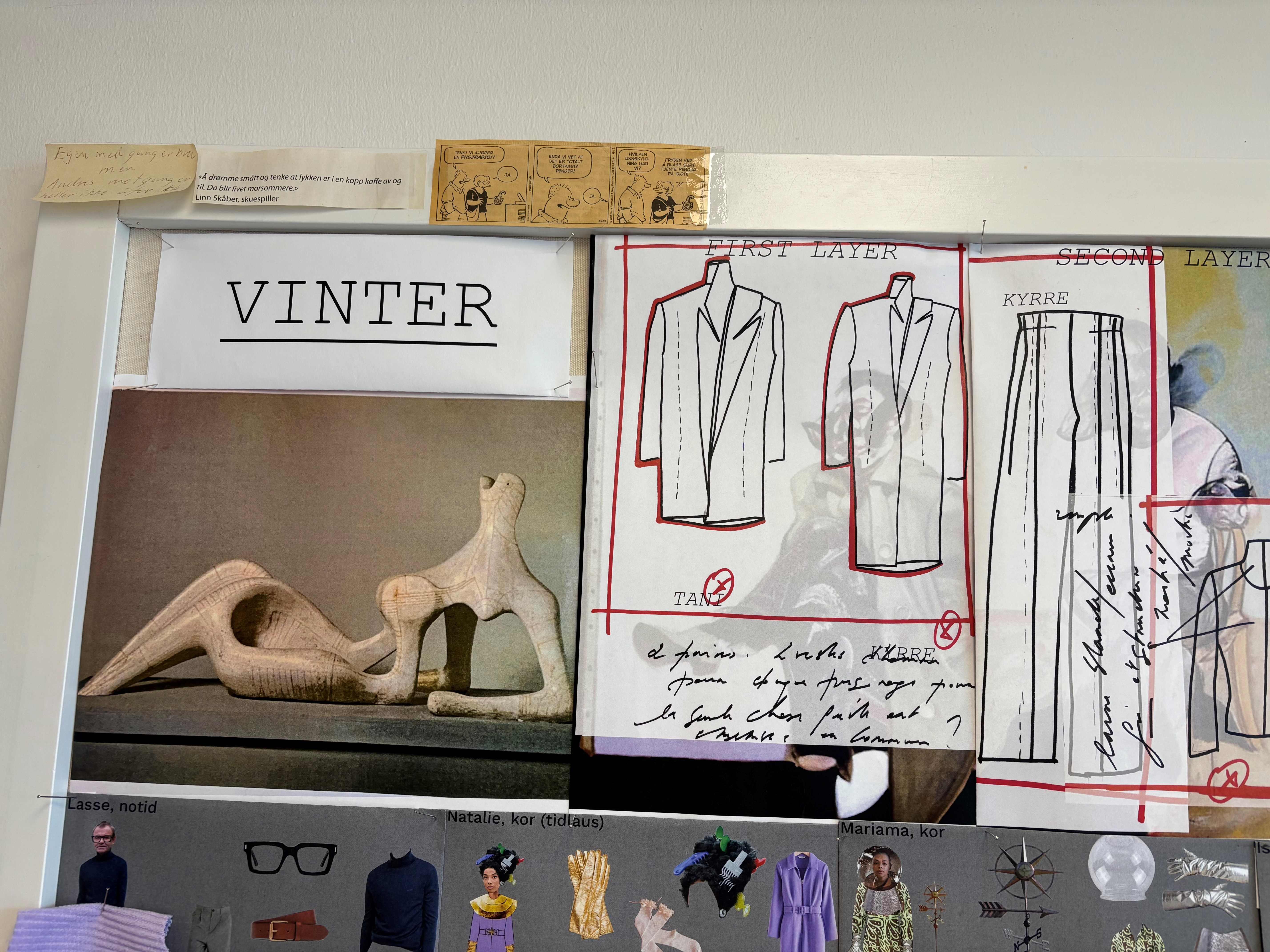 Kostymeteikningane til Oumar på systova. Først på tavla heng eit bilde av Henry Moores skulptur frå 1952, Reclining figures.