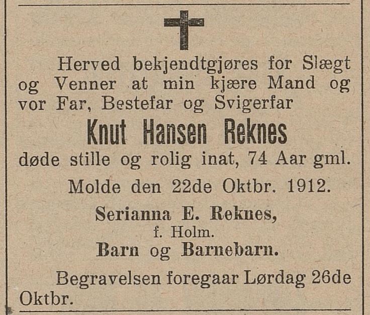 Dødsannonsa til Knud Hansen Nesje i Romsdals Budstikke, 1912.