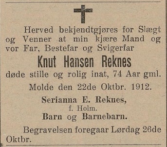 Dødsannonsa til Knud Hansen Nesje i Romsdals Budstikke, 1912.